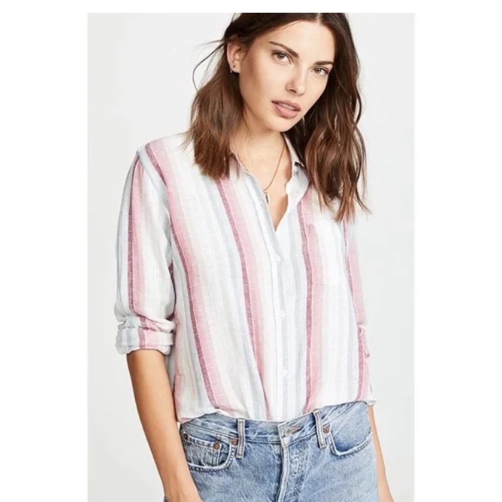 Rails Charli Tropic Stripe Button Down Shirt Metallic Gold Detail Size XSmall